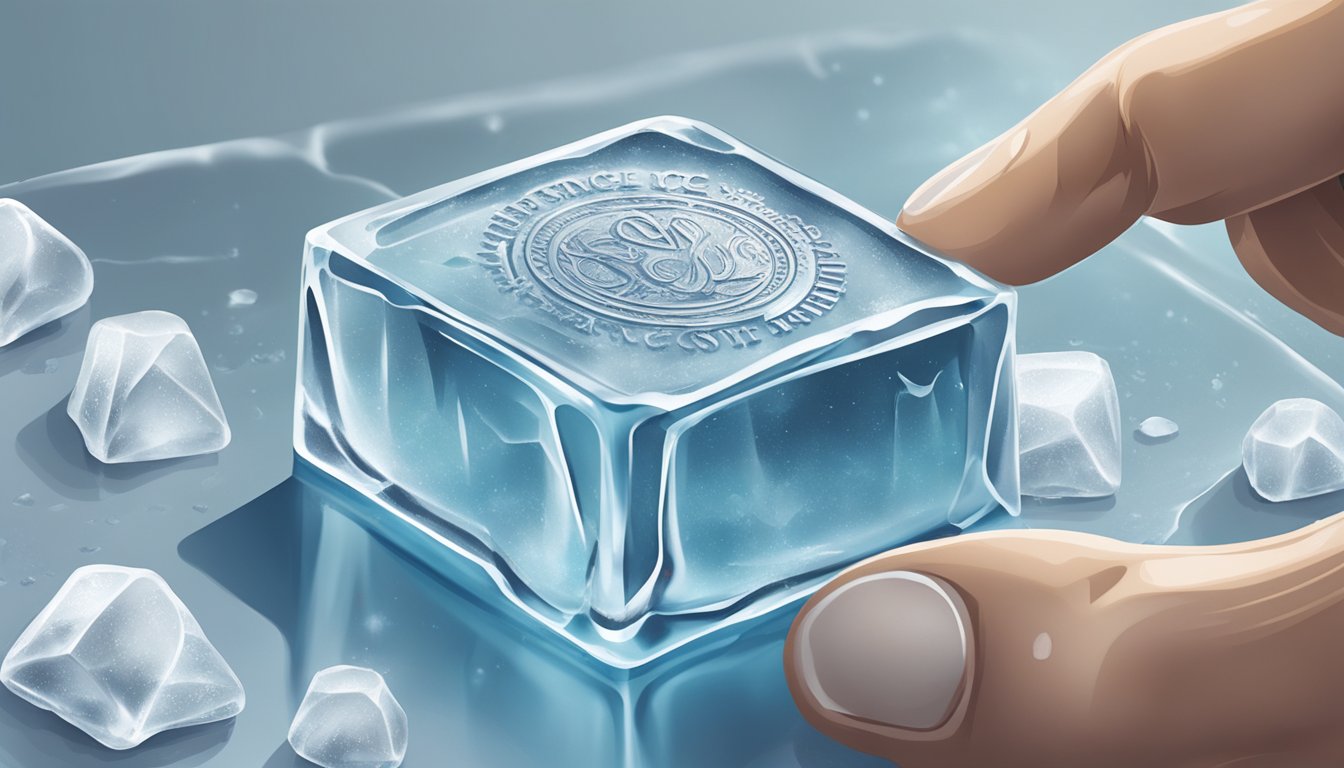 A hand holding an ice branding stamp, pressing it onto a block of ice. The stamp leaves a clear, intricate design on the surface of the ice