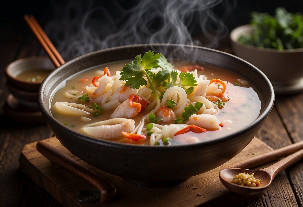 A steaming bowl of crab meat soup sits on a wooden table, surrounded by chopsticks and a spoon. The rich broth glistens with floating pieces of succulent crab meat and delicate herbs