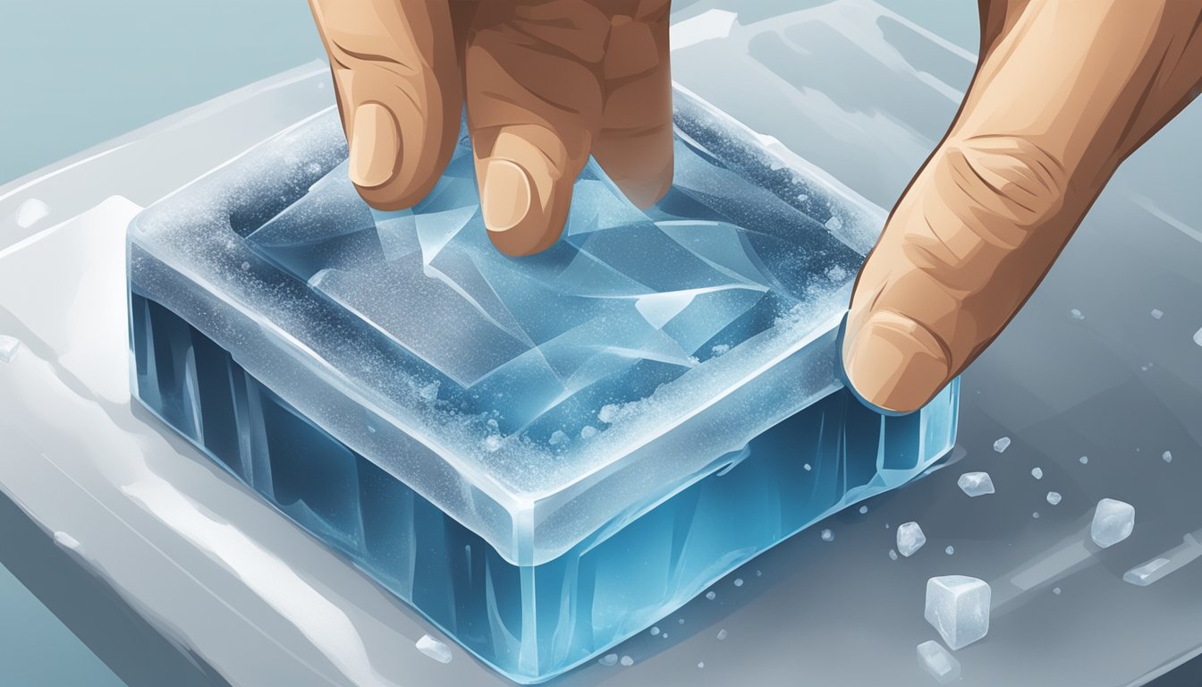 A hand holding a custom ice stamp, pressing it onto a block of ice, leaving a clear, branded impression