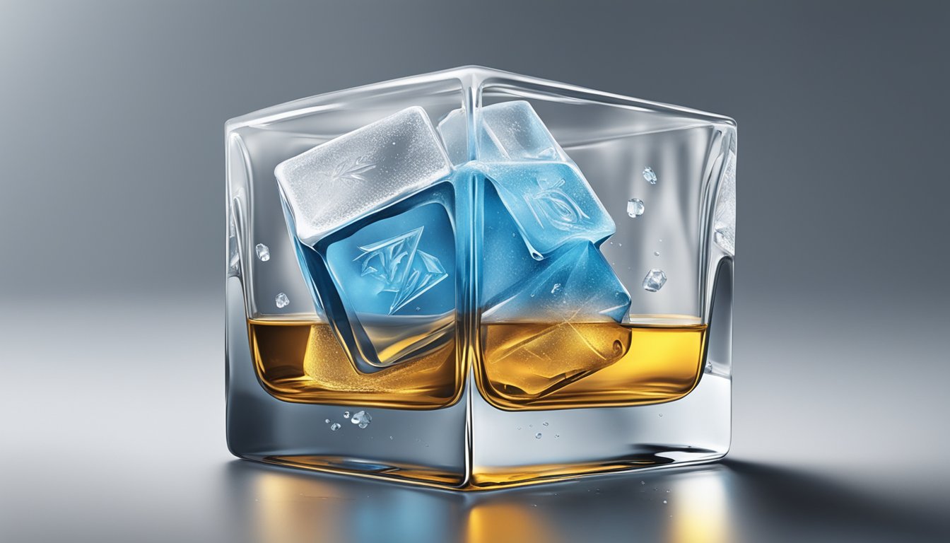 Ice stamp presses into clear ice cube, leaving branded logo