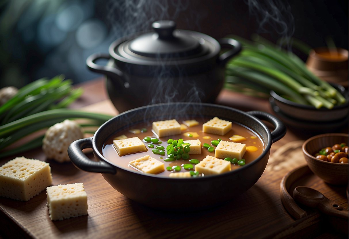 A pot of simmering Chinese bean curd soup with floating tofu cubes, mushrooms, and green onions. A ladle rests on the side