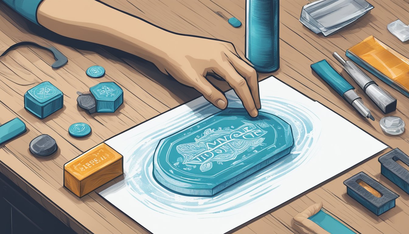 A hand reaches for an ice branding stamp on a table, next to a customizable design template and a selection of ink colors