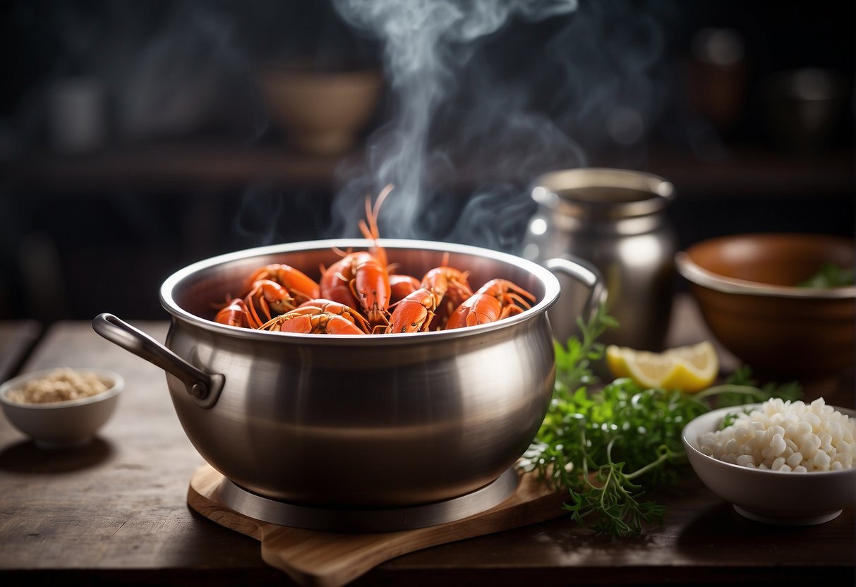 A pot of boiling water with crayfish, ginger, and garlic. Bowls of soy sauce, vinegar, and chili paste on the side