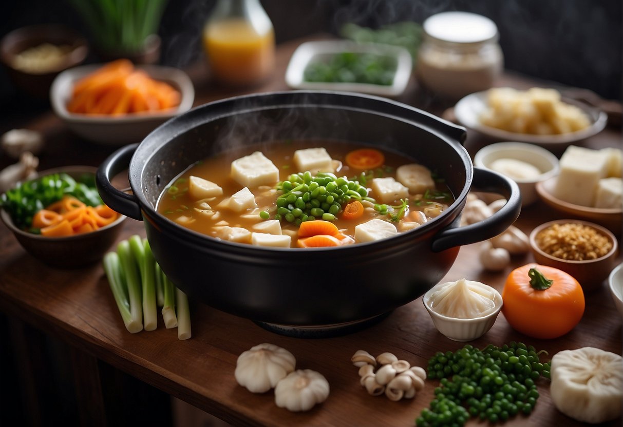 A table with assorted ingredients: bean curd, mushrooms, carrots, and green onions. A pot of broth simmering on a stove