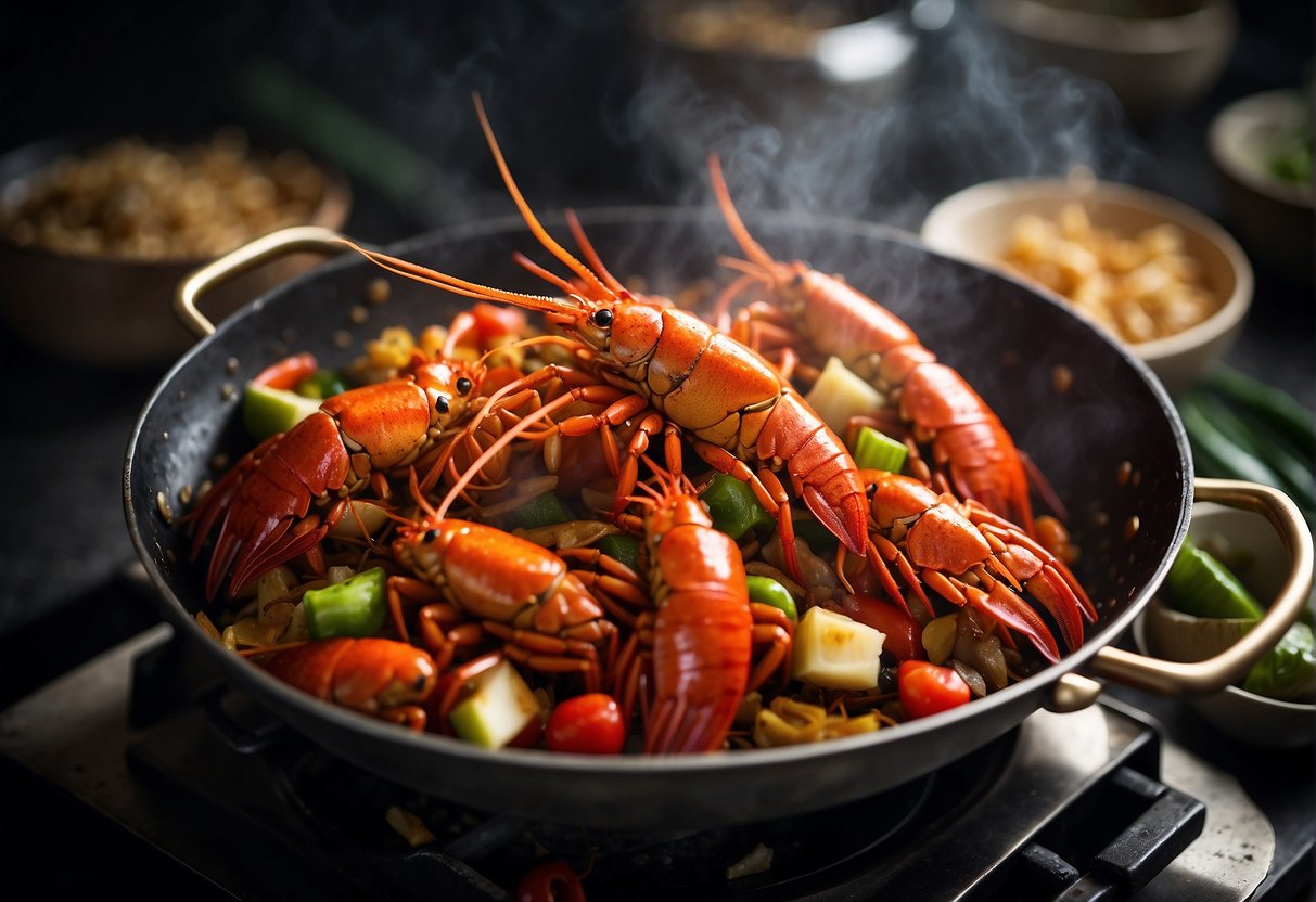 Crayfish being stir-fried in a wok with ginger, garlic, and chili, steam rising, and a vibrant red sauce coating the shellfish