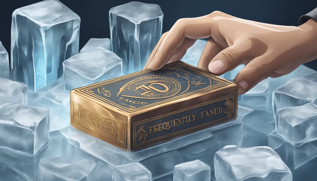 A hand holding an ice branding stamp, with "Frequently Asked Questions" engraved on it, positioned over a block of ice
