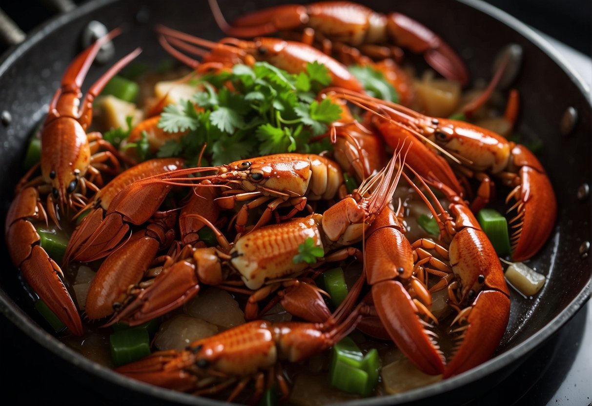 Crayfish are being stir-fried in a wok with ginger, garlic, and chili. A splash of soy sauce and a sprinkle of green onions add color and flavor
