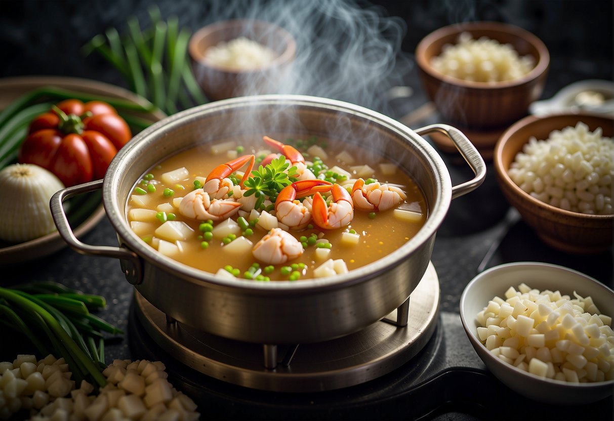 A steaming pot of crab meat soup simmers on a stove, surrounded by traditional Chinese cooking ingredients like ginger, scallions, and soy sauce