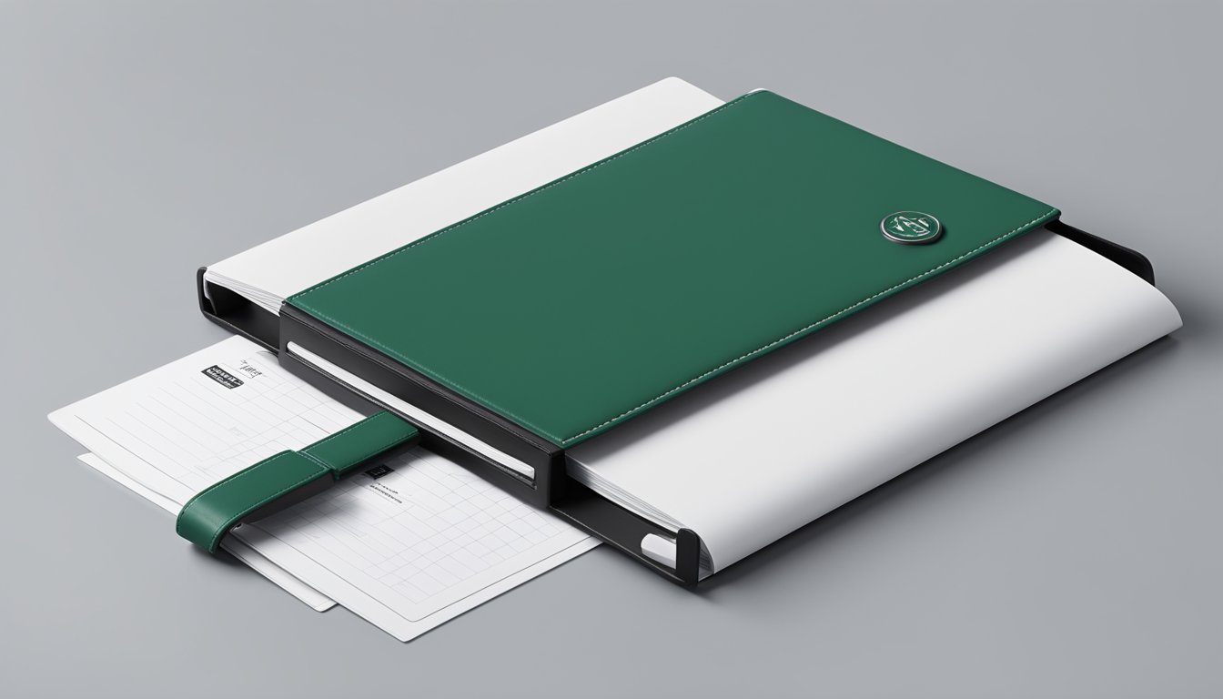 A branded document holder sits on a sleek desk, the logo prominently displayed. The holder is open, revealing neatly organized papers inside