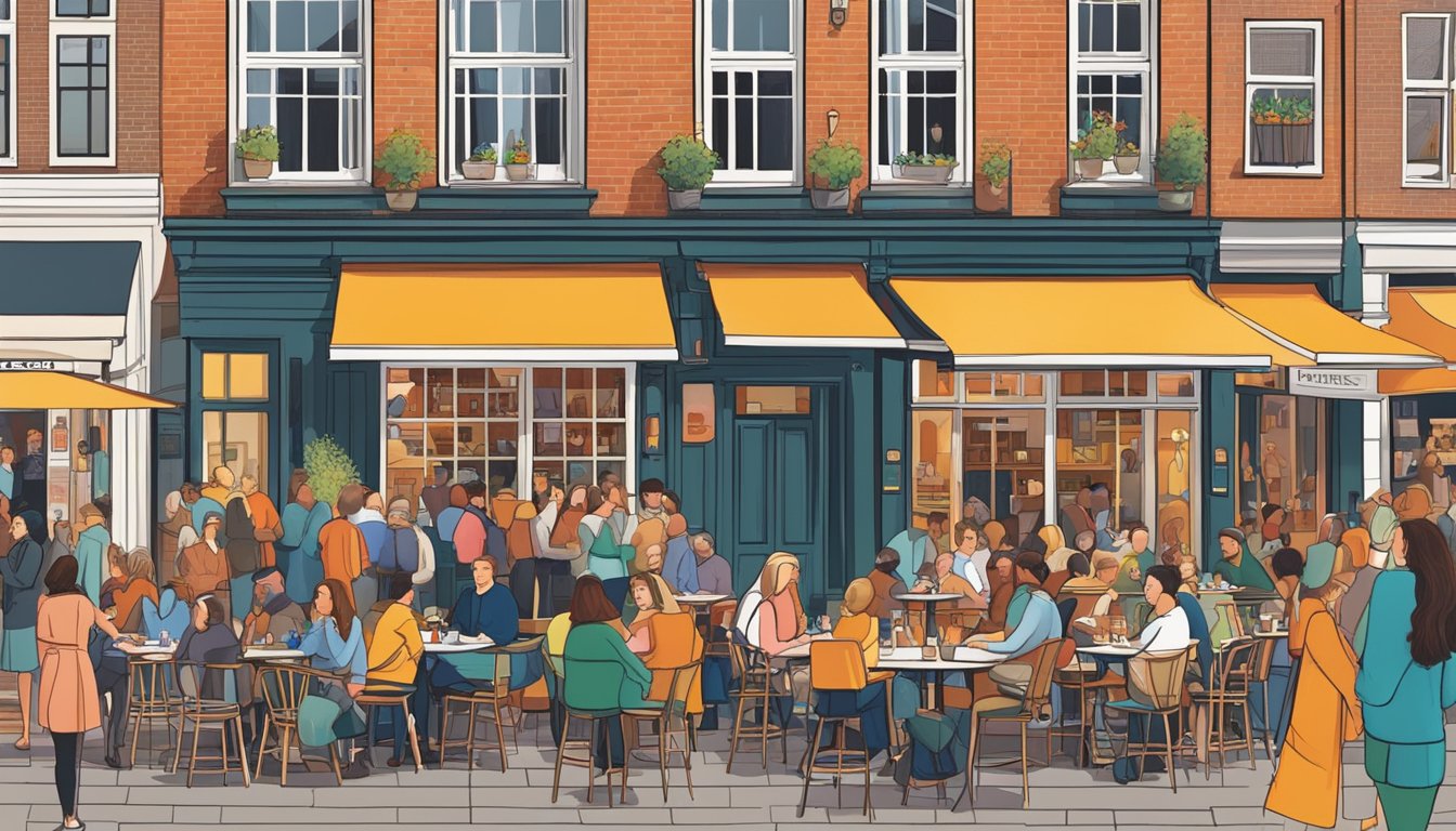 Crowds fill the outdoor seating at branded cafés and restaurants in Amsterdam's outlet malls. Vibrant signs and bustling activity create a lively atmosphere