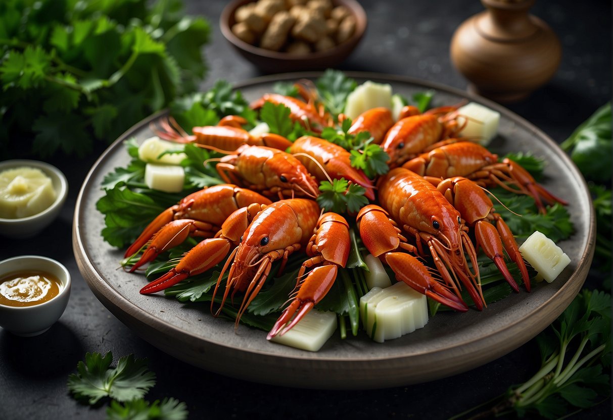 A platter of steamed crayfish with ginger and scallions, surrounded by vibrant green bok choy and garnished with fresh cilantro