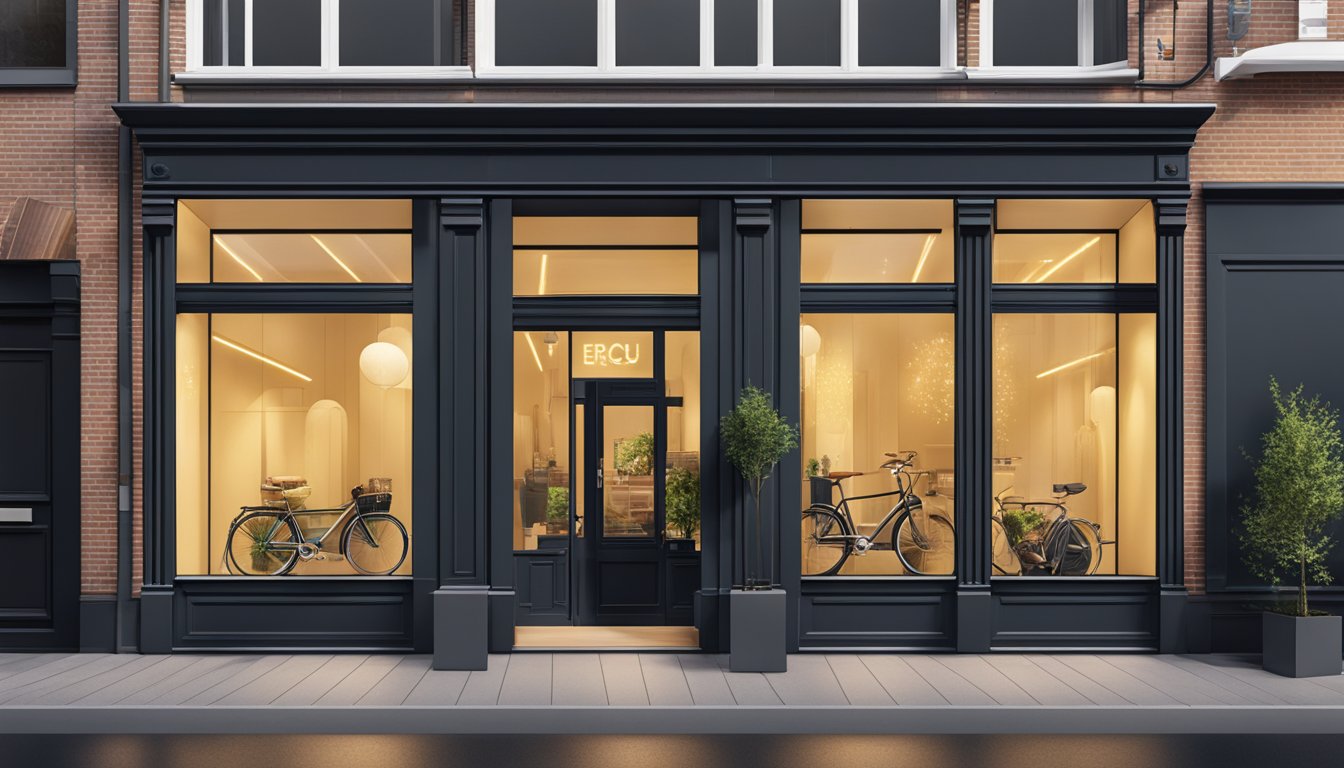 A modern, sleek storefront in Amsterdam with bold branding and inviting lighting
