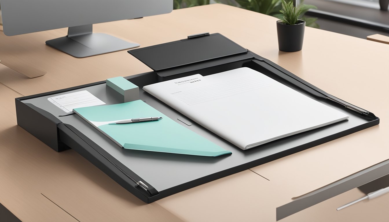 A branded document holder sits on a sleek desk, showcasing its professional design and practical use for organizing important papers