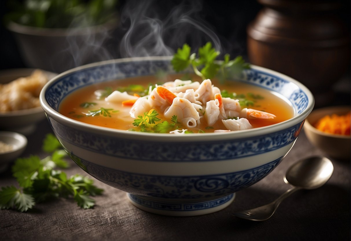 A steaming bowl of crab meat soup, garnished with fresh herbs and served in a traditional Chinese soup bowl