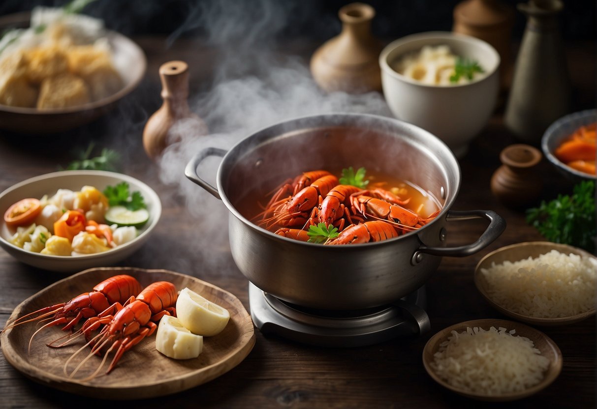 A boiling pot of water with crayfish, surrounded by Chinese cooking ingredients and a recipe book
