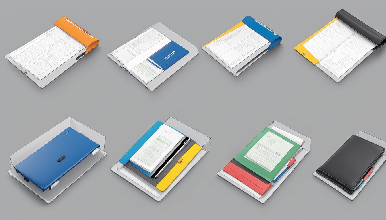 A branded document holder sits open, displaying various customisation options including color, material, and size
