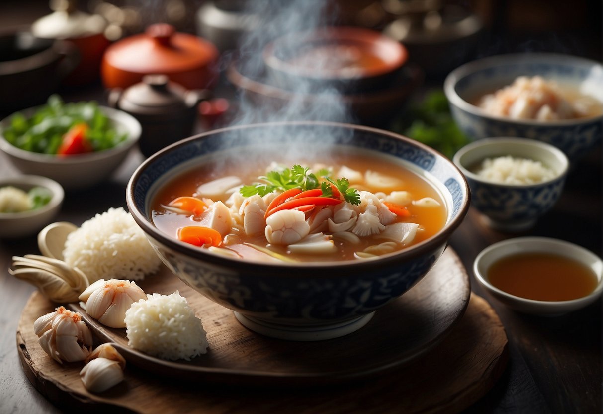 A steaming bowl of crab meat soup surrounded by traditional Chinese ingredients and utensils