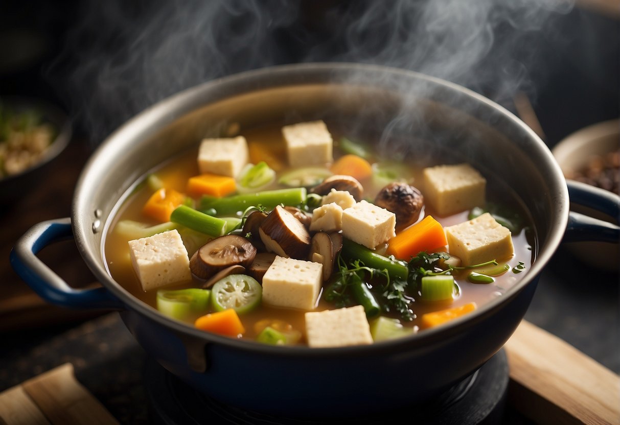 A pot of boiling water with tofu, mushrooms, and vegetables being added in for Chinese bean curd soup