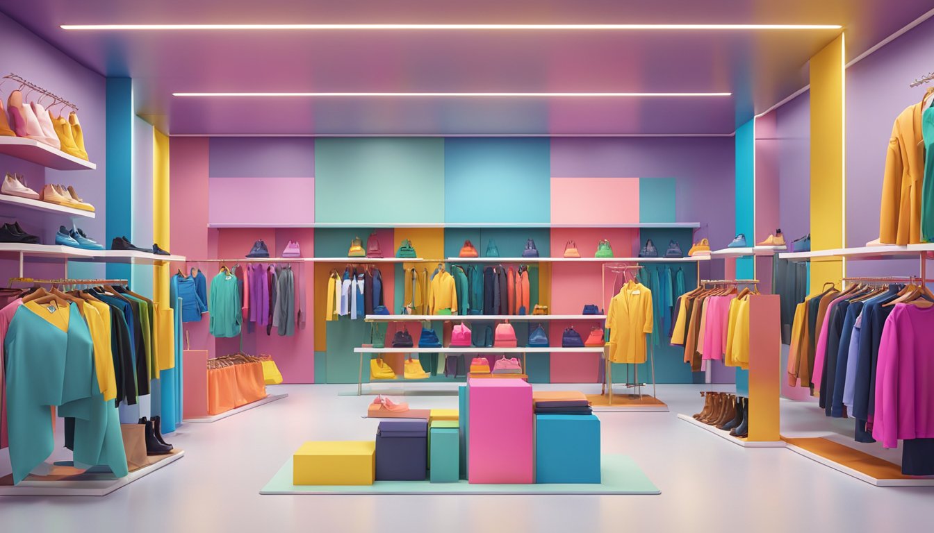 A vibrant store display showcases Superdown clothing with colorful racks and trendy mannequins