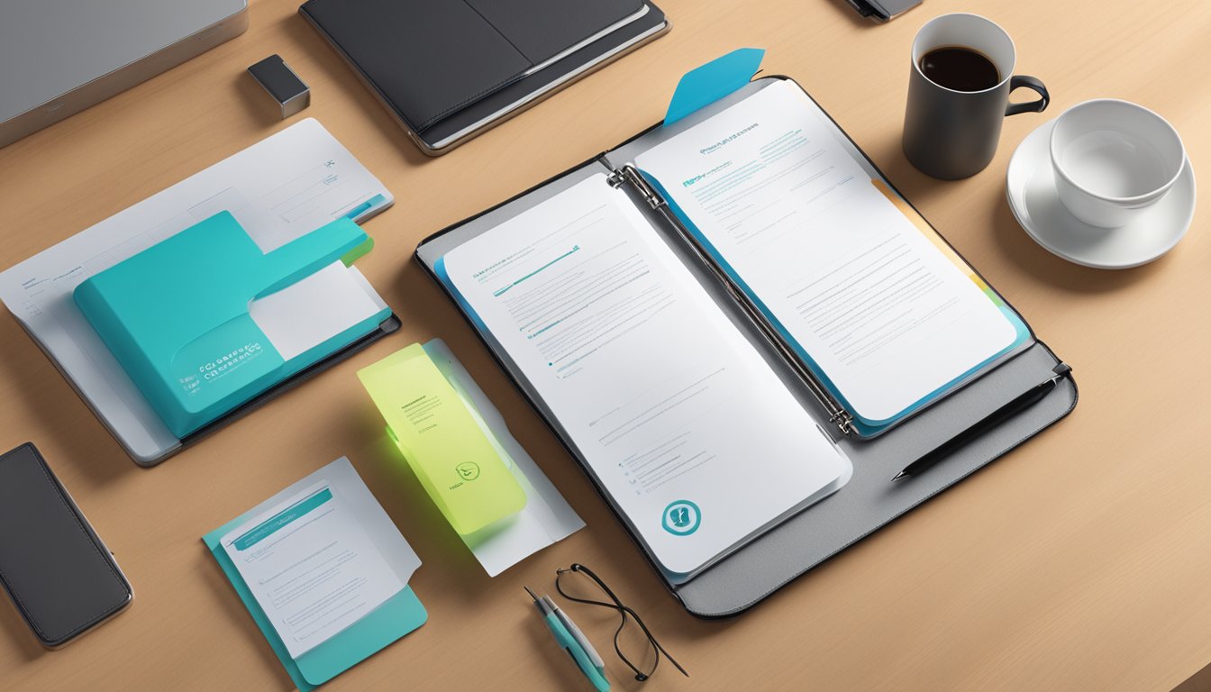 A branded document holder sits on a desk, surrounded by glowing testimonials and case studies. The holder is sleek and professional, with the company's logo prominently displayed