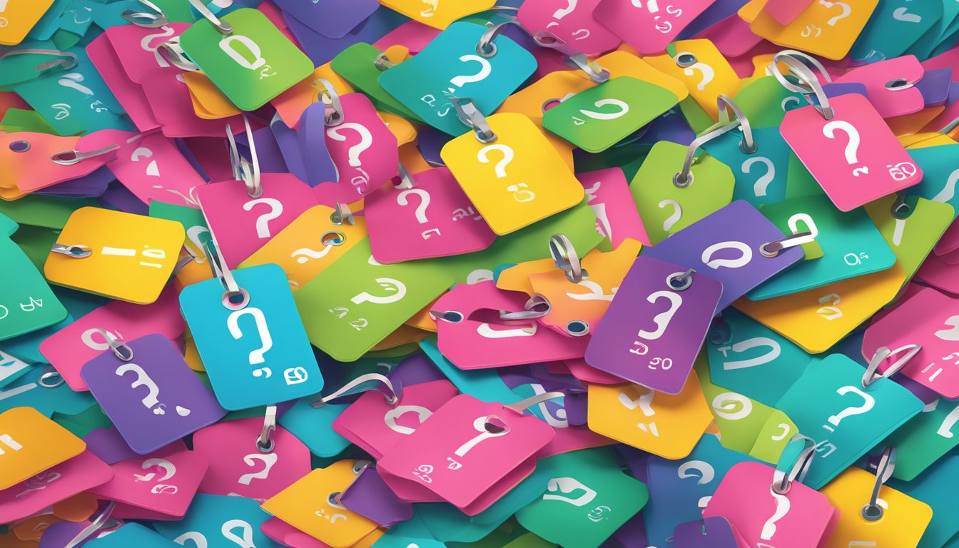 A stack of colorful superdown brand clothing tags surrounded by floating question marks