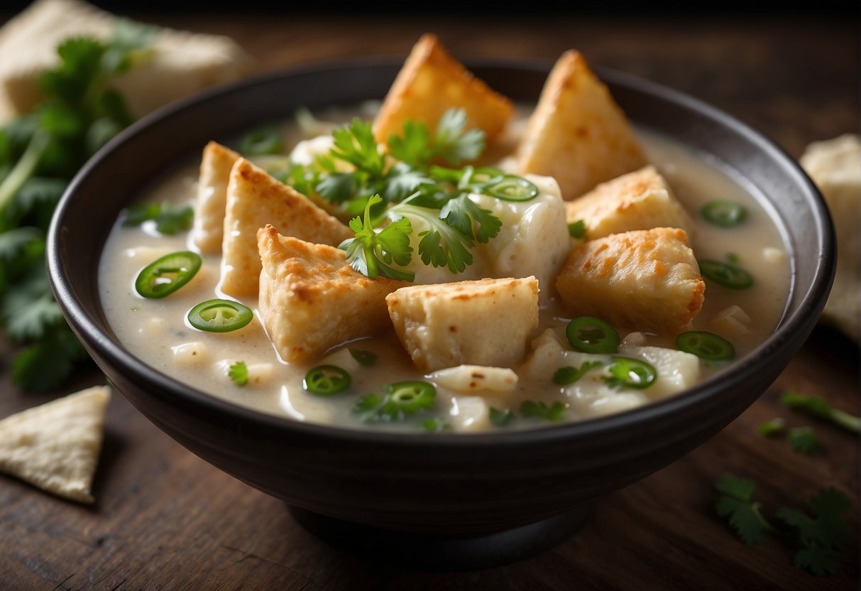A steaming bowl of Chinese bean curd soup garnished with green onions and cilantro, with a side of crispy fried wonton strips