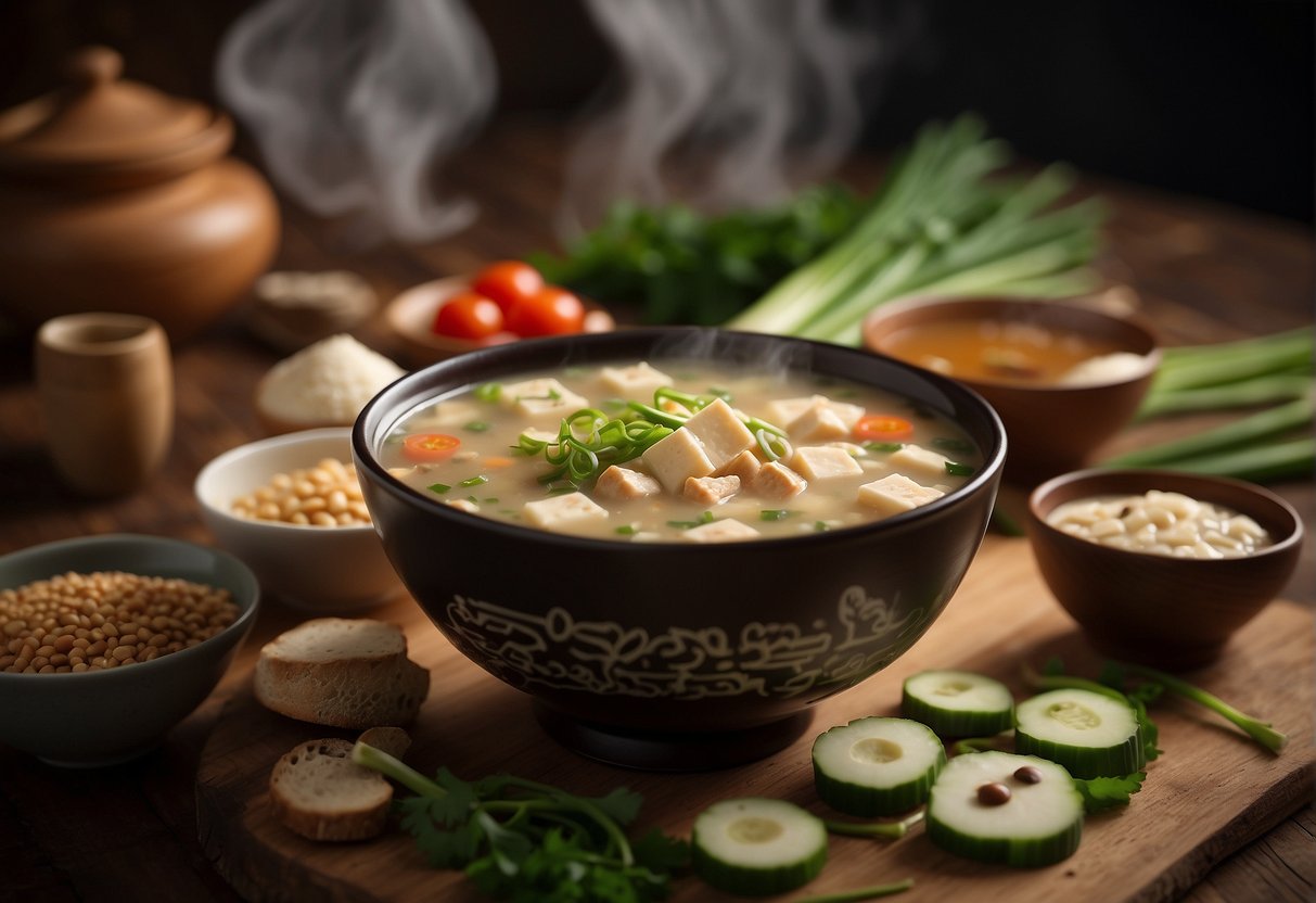 A steaming bowl of Chinese bean curd soup sits on a wooden table, surrounded by ingredients like tofu, mushrooms, and green onions. A nutrition label with detailed information is placed next to the bowl