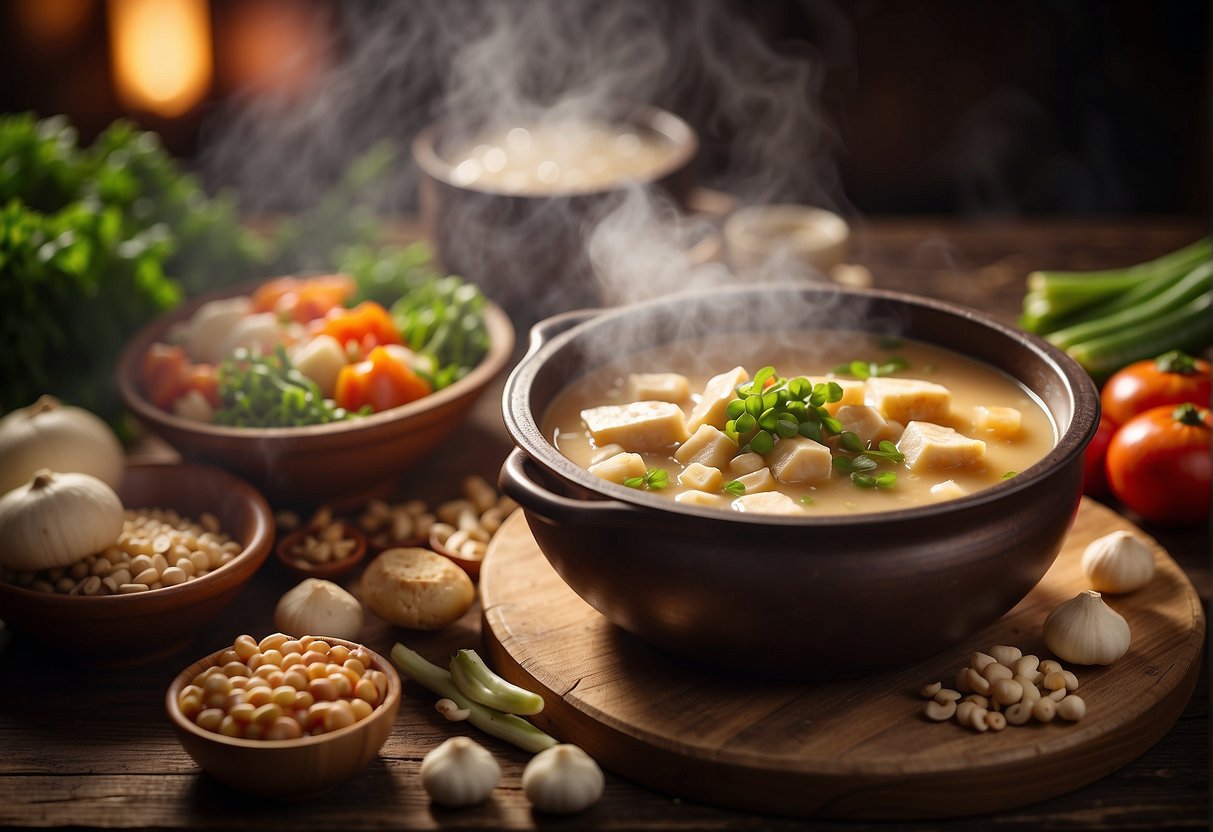 A steaming pot of Chinese bean curd soup sits on a rustic wooden table, surrounded by colorful ingredients like tofu, mushrooms, and scallions
