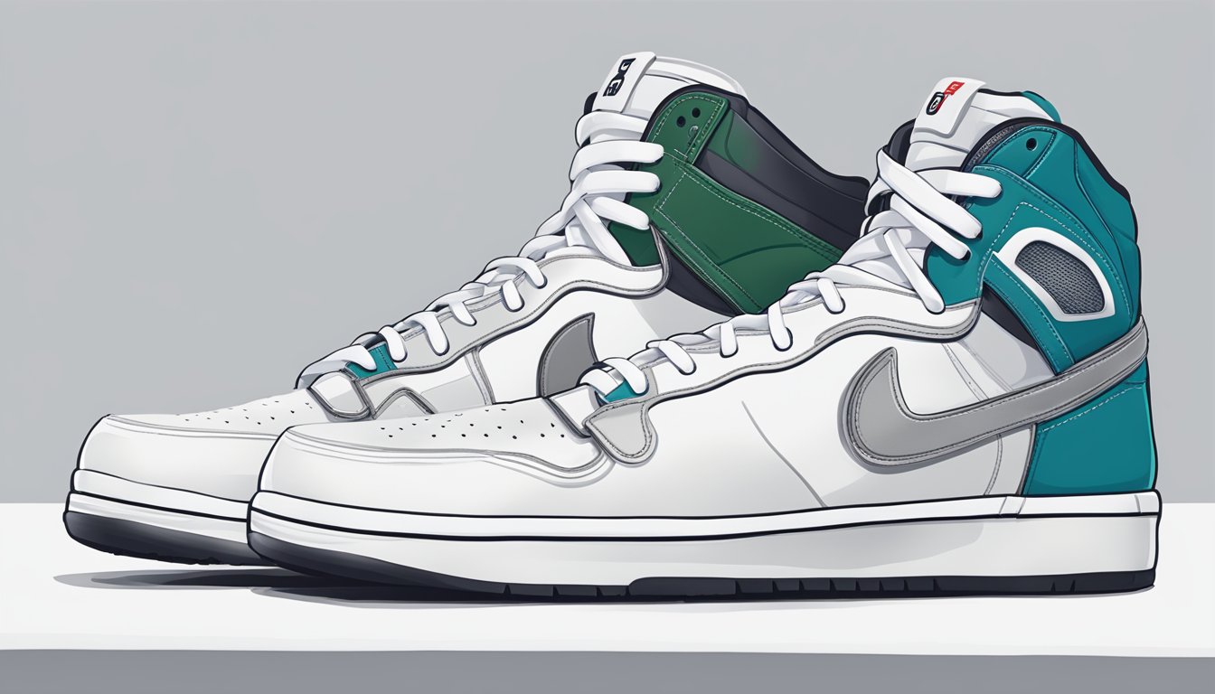 A pair of Supreme brand shoes displayed on a clean, white background. The shoes are positioned in a way that showcases their design and branding prominently