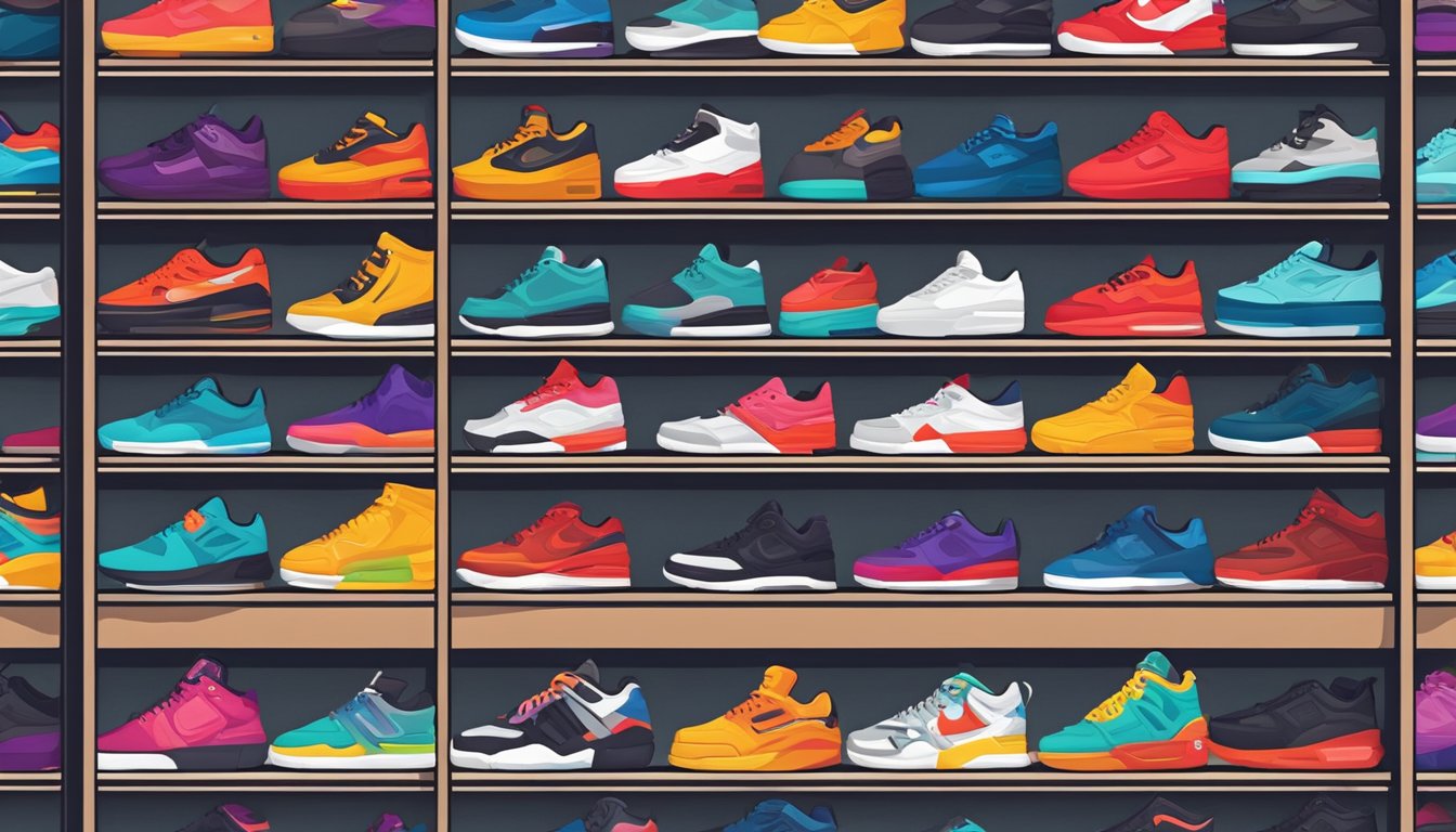 A display of Supreme brand shoes lined up on shelves in a trendy urban streetwear store, with bold logos and vibrant colors