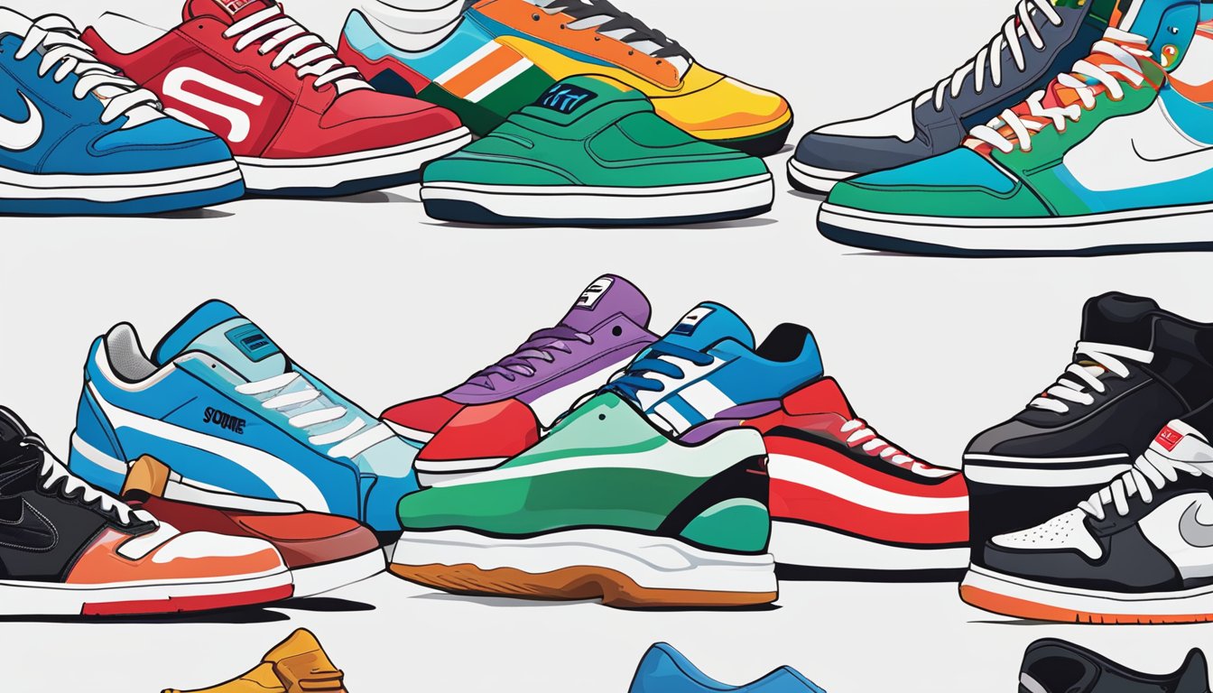 Supreme's iconic shoe designs arranged in a neat row on a white background. The shoes are bold and colorful, with the brand's logo prominently displayed on each pair