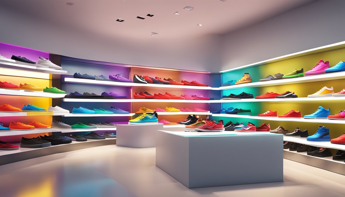 A display of Supreme brand shoes in a sleek, modern store. Bright lighting highlights the vibrant colors and bold logos on the shoes
