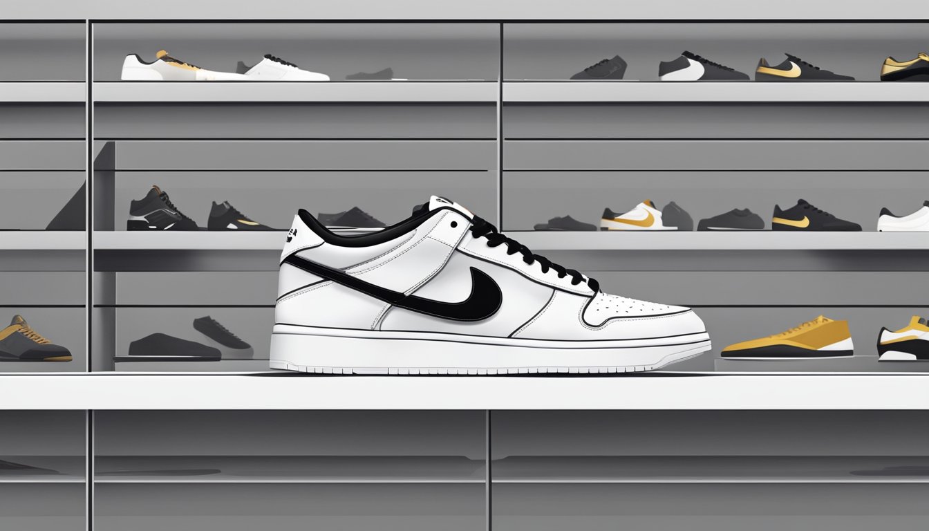 A pair of Supreme brand shoes displayed on a sleek, modern shelf with the brand logo prominently visible. The background is minimalistic and clean, emphasizing the luxury and exclusivity of the brand