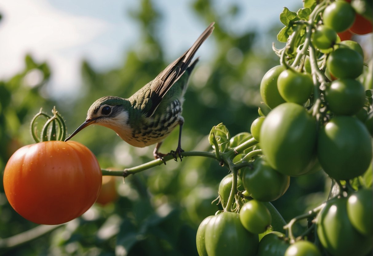A hungry bird swoops down and snatches a juicy hornworm from a tomato plant