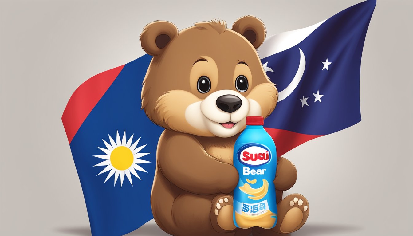 A cute bear mascot stands in front of a Malaysian flag and holds a bottle of Susu Bear brand milk