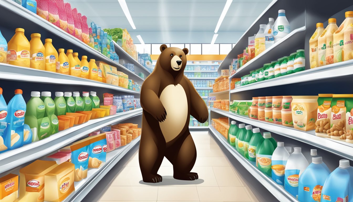 A display of Susu Bear brand products from Malaysia, featuring various milk and dairy items arranged on shelves in a grocery store