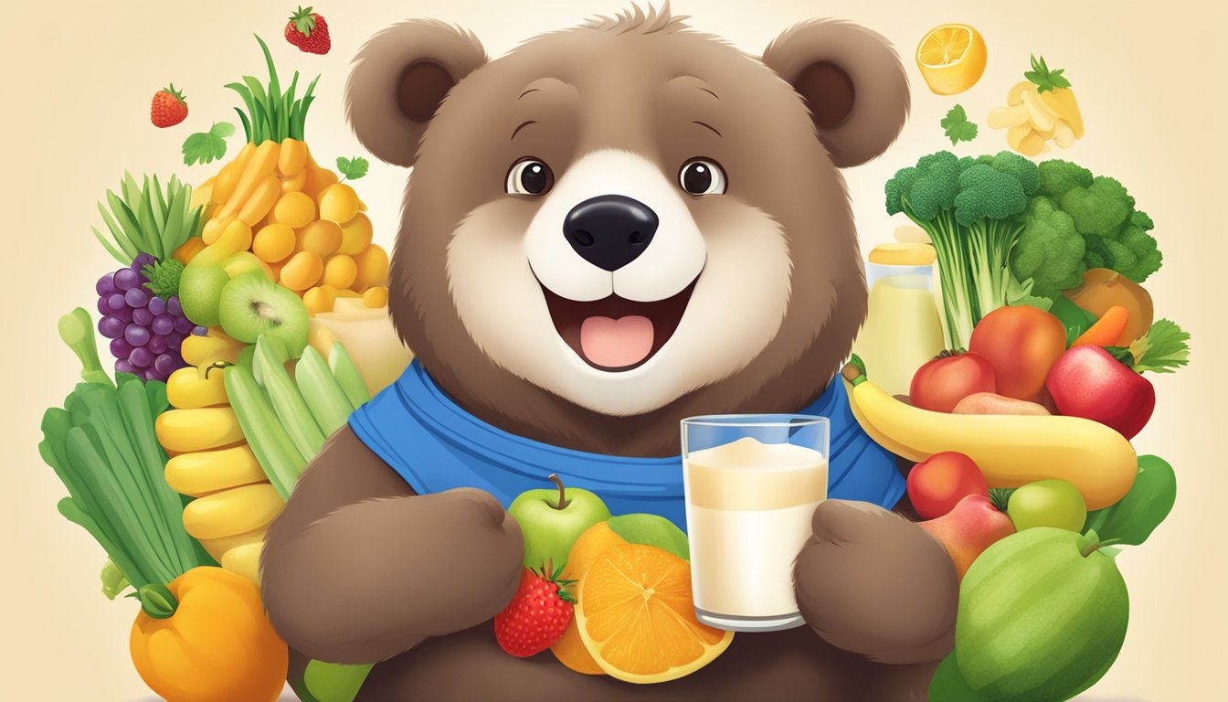 A smiling bear holding a glass of milk with a halo of fruits and vegetables around it, symbolizing the nutritional benefits of Susu Bear Brand Malaysia