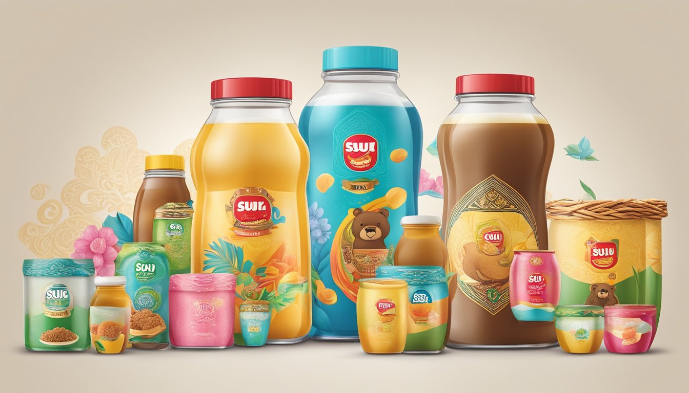 A colorful display of Susu Bear brand products, surrounded by traditional Malaysian symbols and patterns, representing the cultural significance of the brand in Malaysia