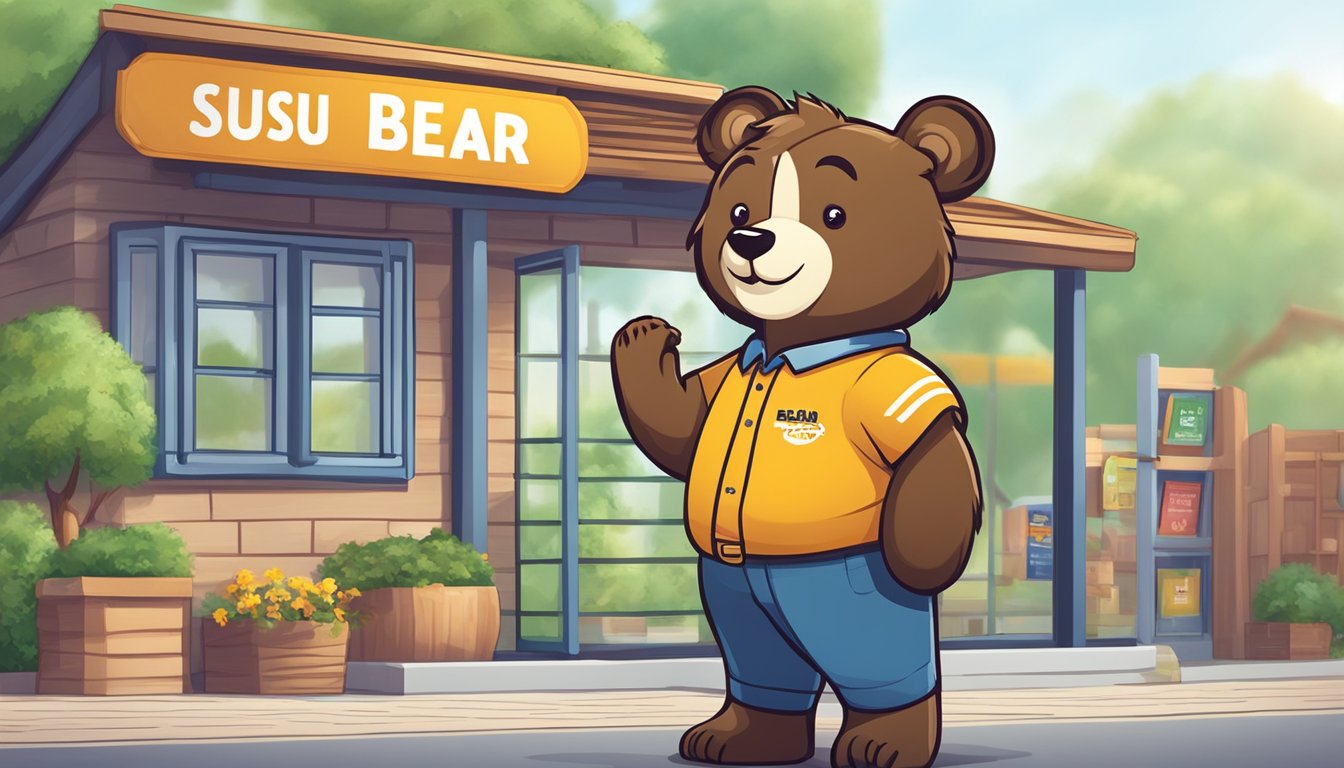 A bear mascot stands next to a sign that reads "Frequently Asked Questions susu bear brand malaysia." The bear appears friendly and approachable, with a welcoming smile