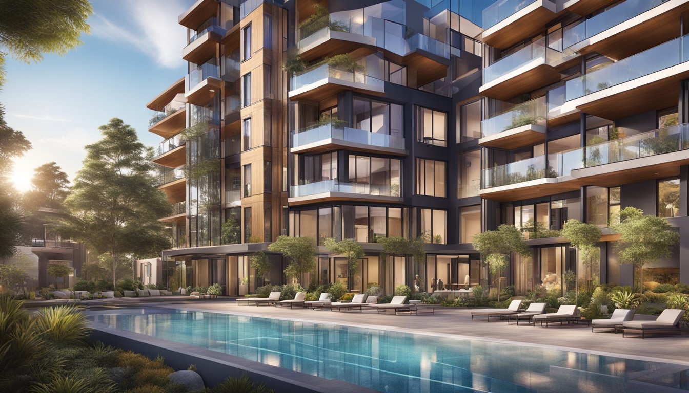 A modern, luxury branded residence with sleek architecture and lush amenities including a pool, fitness center, and landscaped gardens