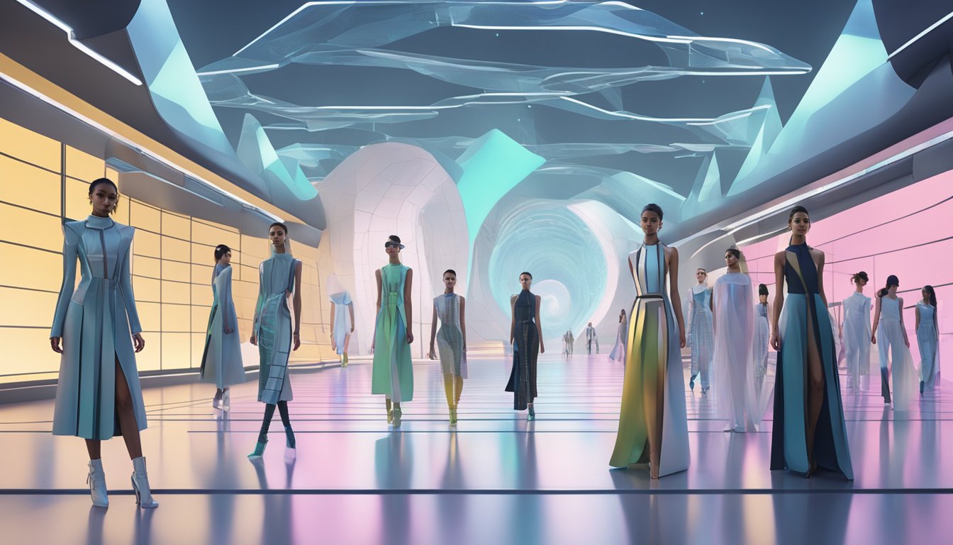 A futuristic runway with holographic displays and avant-garde designs. Models showcasing sustainable materials and cutting-edge technology