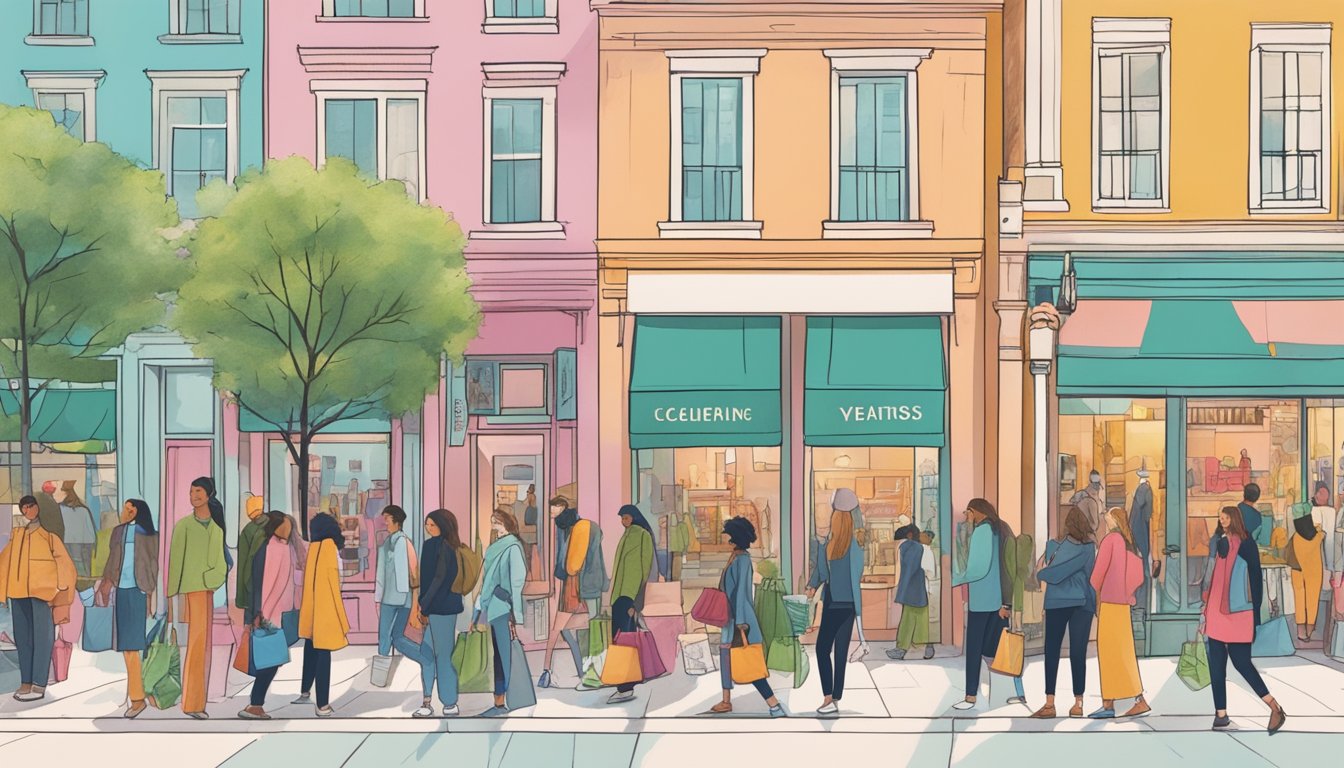 A bustling city street with vibrant storefronts showcasing eco-friendly clothing and accessories. People are seen browsing and admiring the sustainable fashion offerings
