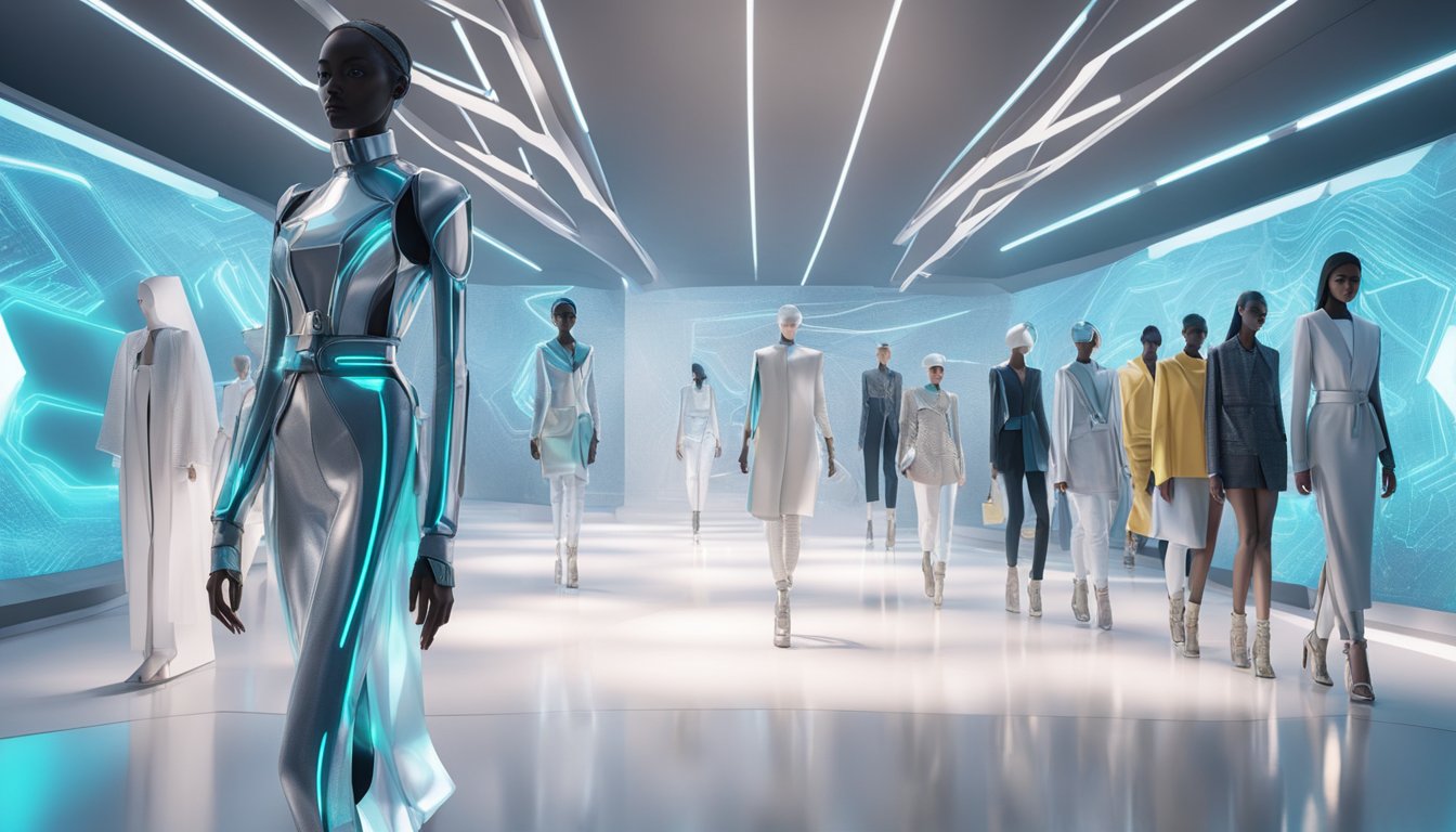 A runway with futuristic clothing designs, holographic displays, and robotic mannequins showcasing innovative fashion brands