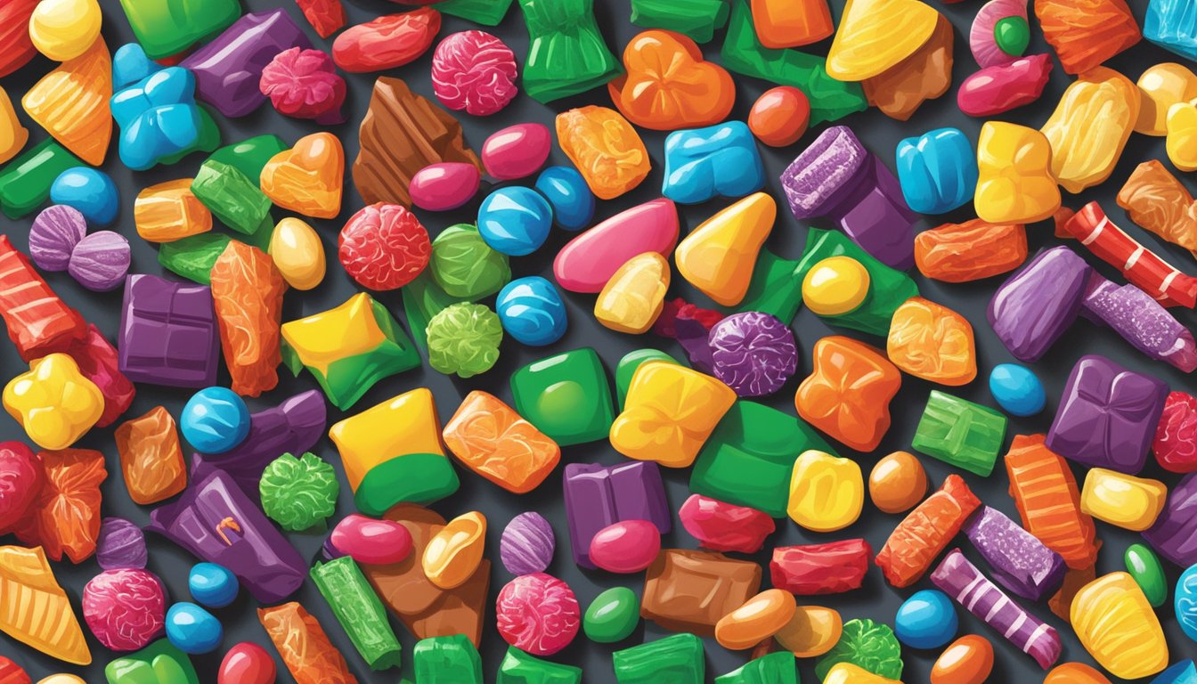 A colorful array of candy brands fills the shelves, from gummy bears to chocolate bars. Bright wrappers and enticing flavors create a tempting display
