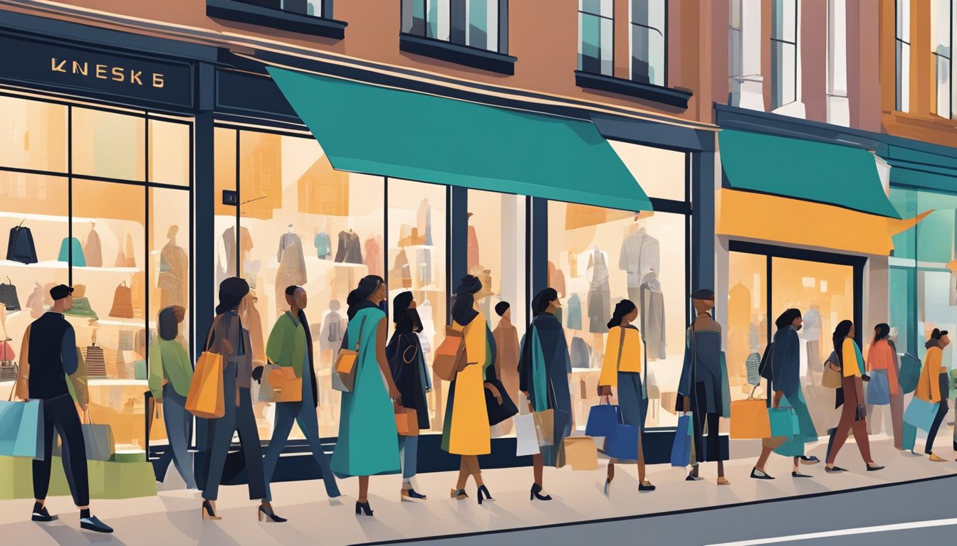 A bustling city street with diverse consumers interacting with bold, modern fashion displays in shop windows. Cultural symbols and trends are evident in the clothing choices and accessories