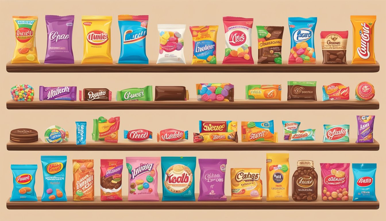 Various iconic candy brands, from vintage to modern, line a colorful timeline. Each logo and packaging reflects the era of its creation, showcasing the evolution of sweet treats over time