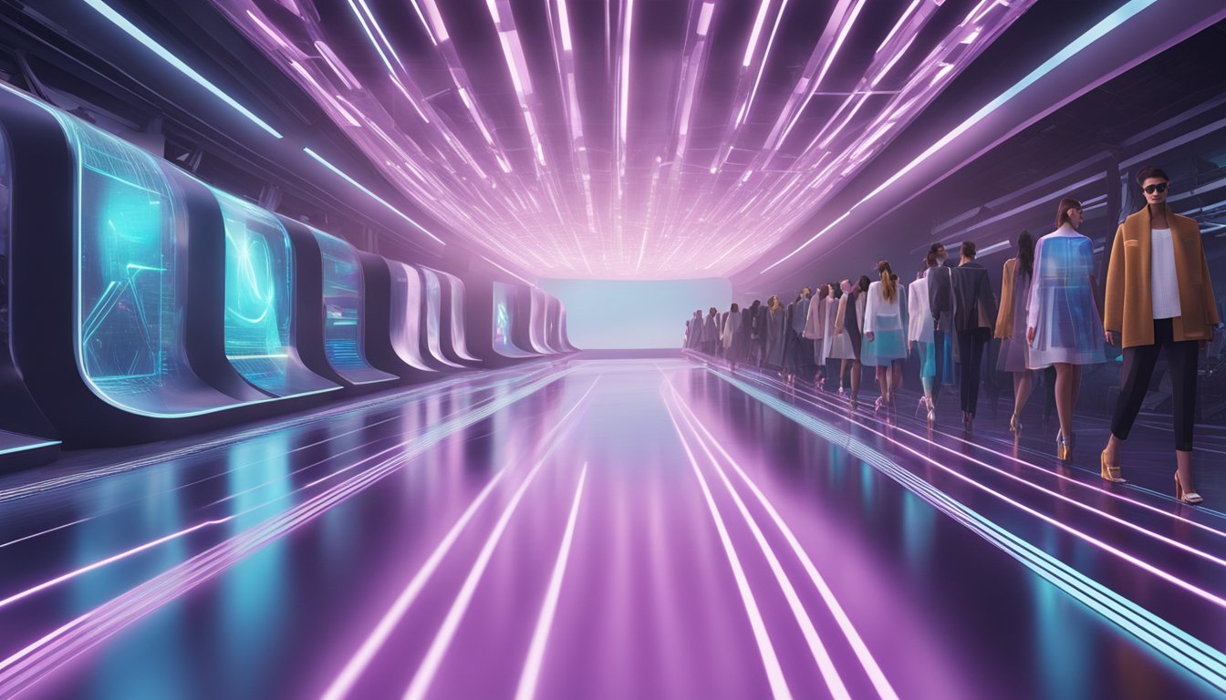 A futuristic runway with holographic displays showcasing innovative fashion brands