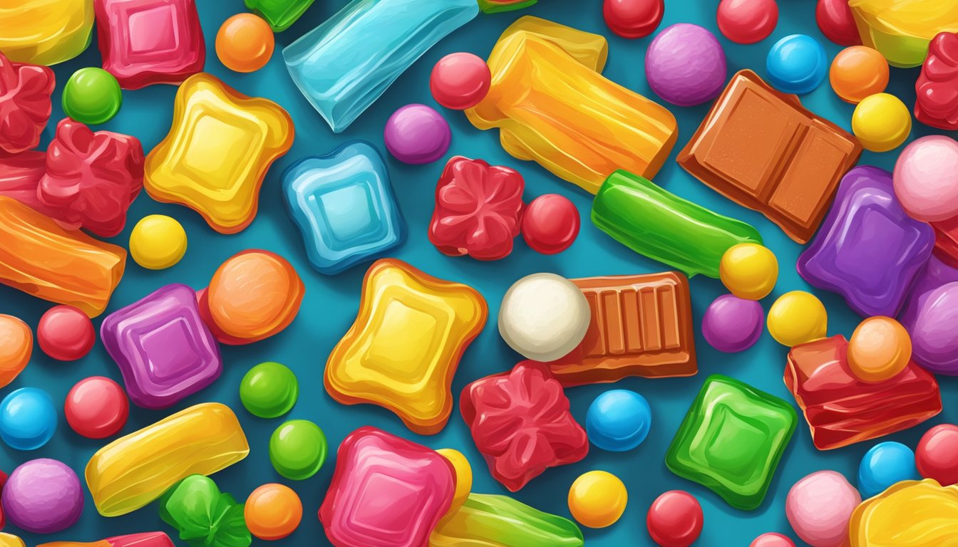 A colorful display of popular confections, including gummy bears, lollipops, and chocolate bars, arranged on a vibrant backdrop