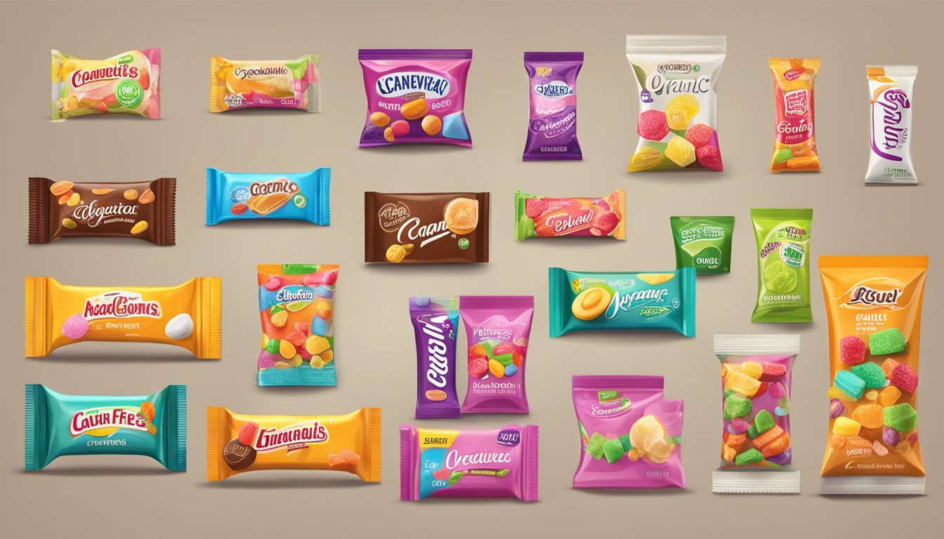 A colorful display of organic and sugar-free candy brands with natural ingredients and alternative sweeteners