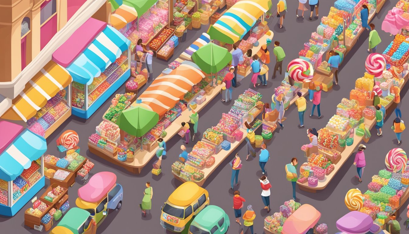 A bustling candy market with colorful displays and iconic candy brands